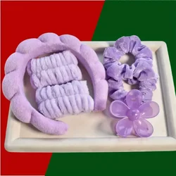 6-Piece Women's Spa Hairband Collection: Velvet Headband, Claw Clip, and Wristband Set - Size fits all (Lavender)