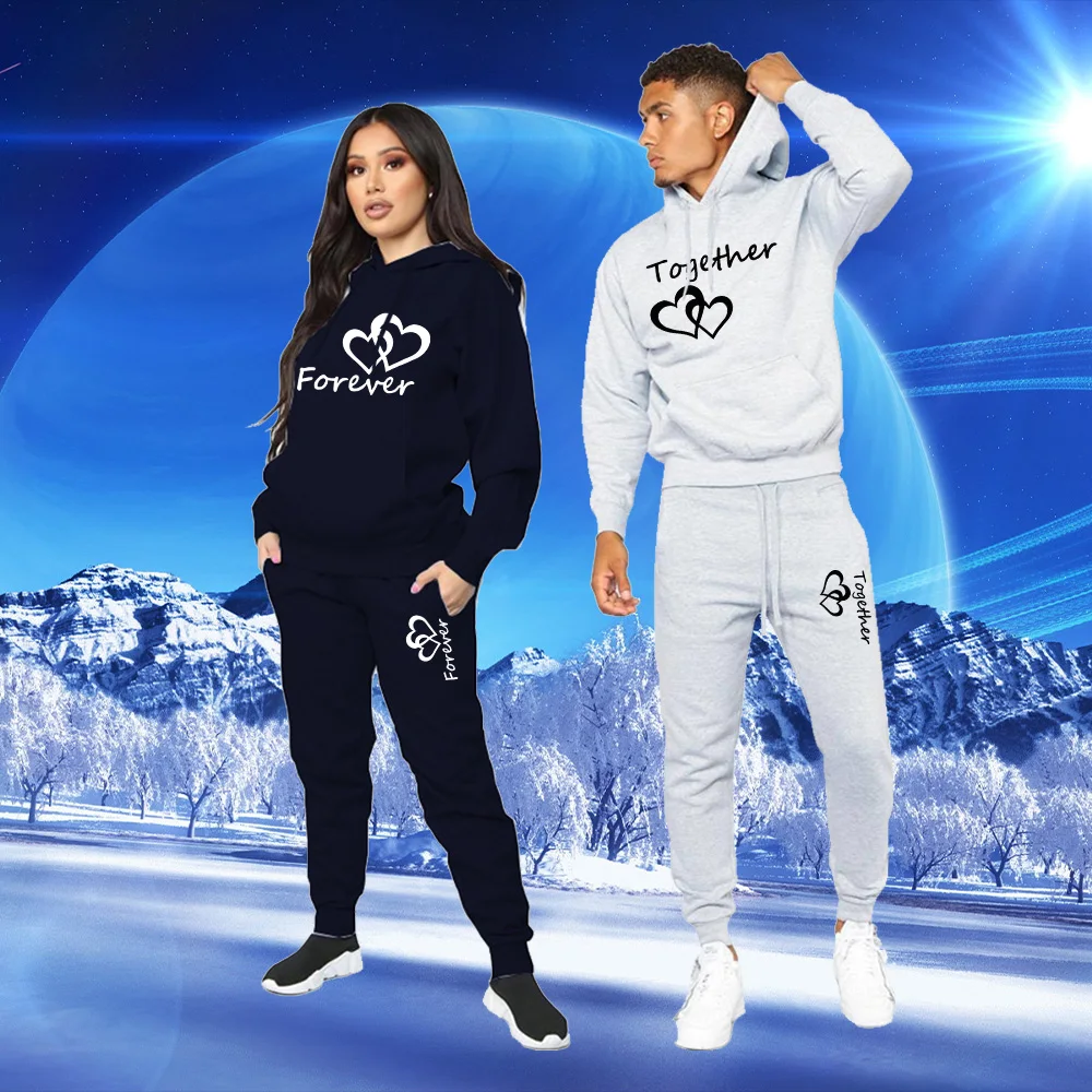 

Couples Together Forever Letter Printed Tracksuit Casual Sportswear Set Lover Solid Color Hoodie and Pants 2 PCs Sweet Gift