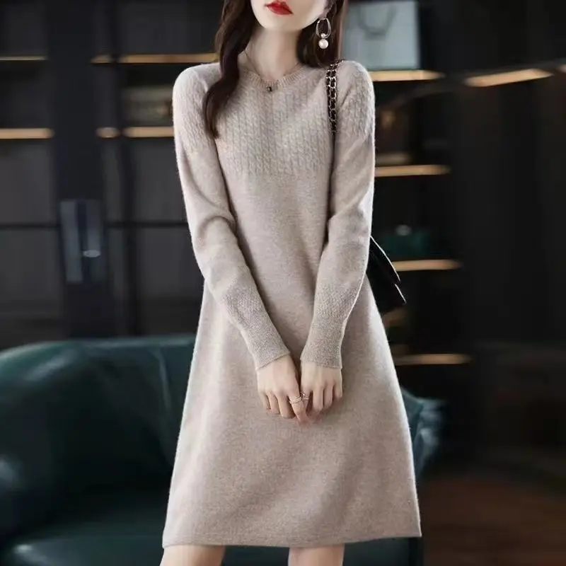 

Mid length knitted dress women autumn and winter loose over the knee o neck bottom o neck long sleeve sweater dress female