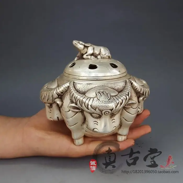

Antique White Copper, Brass, Silver-plated Five Ox Incense Burner Ornaments, Ox Turn Qiankun Incense Burner, Antique Bronze Craf