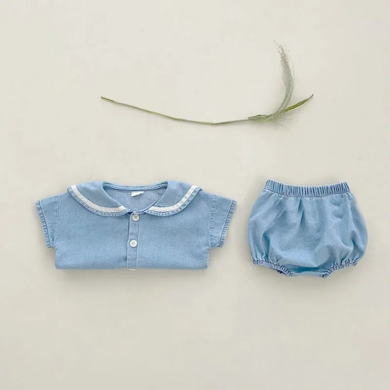 Denim Kids Set with Sailor Collar for 0 3 Years Old