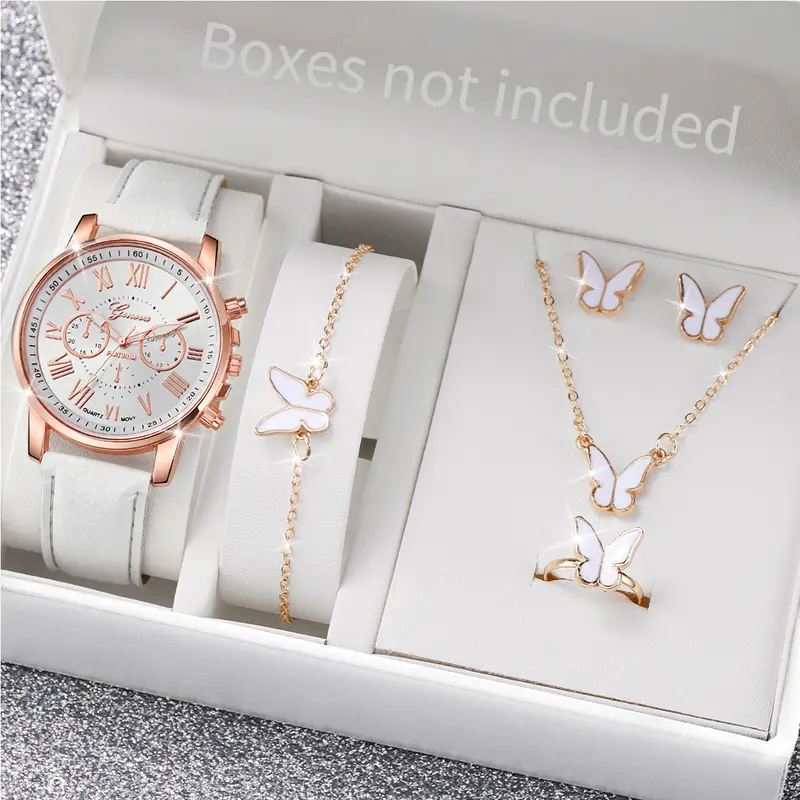 5/6PCS Fashion Women's Quartz Watch Leather Band Analog Wrist Watches Heart Rhinestone Jewelry Set(Without Box) - Image 5