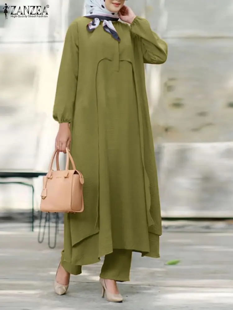 ZANZEA Muslim Abaya Suit Autumn Fashion Matching Sets Women Long Sleeve Blouse Pants Sets Urban Tracksuits IsIamic Dubai Outfits