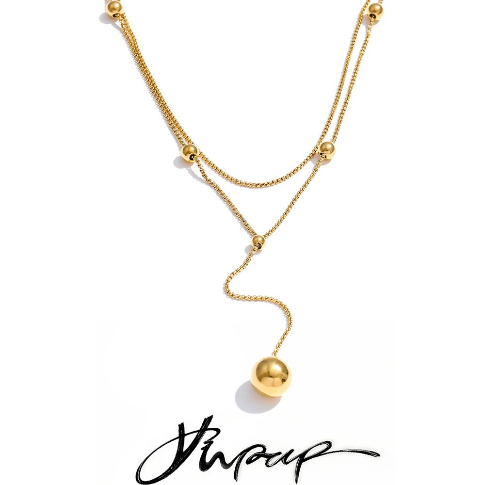 Yhpup Stainless Steel Double-Layer Chain Long Round Ball Drop Necklace