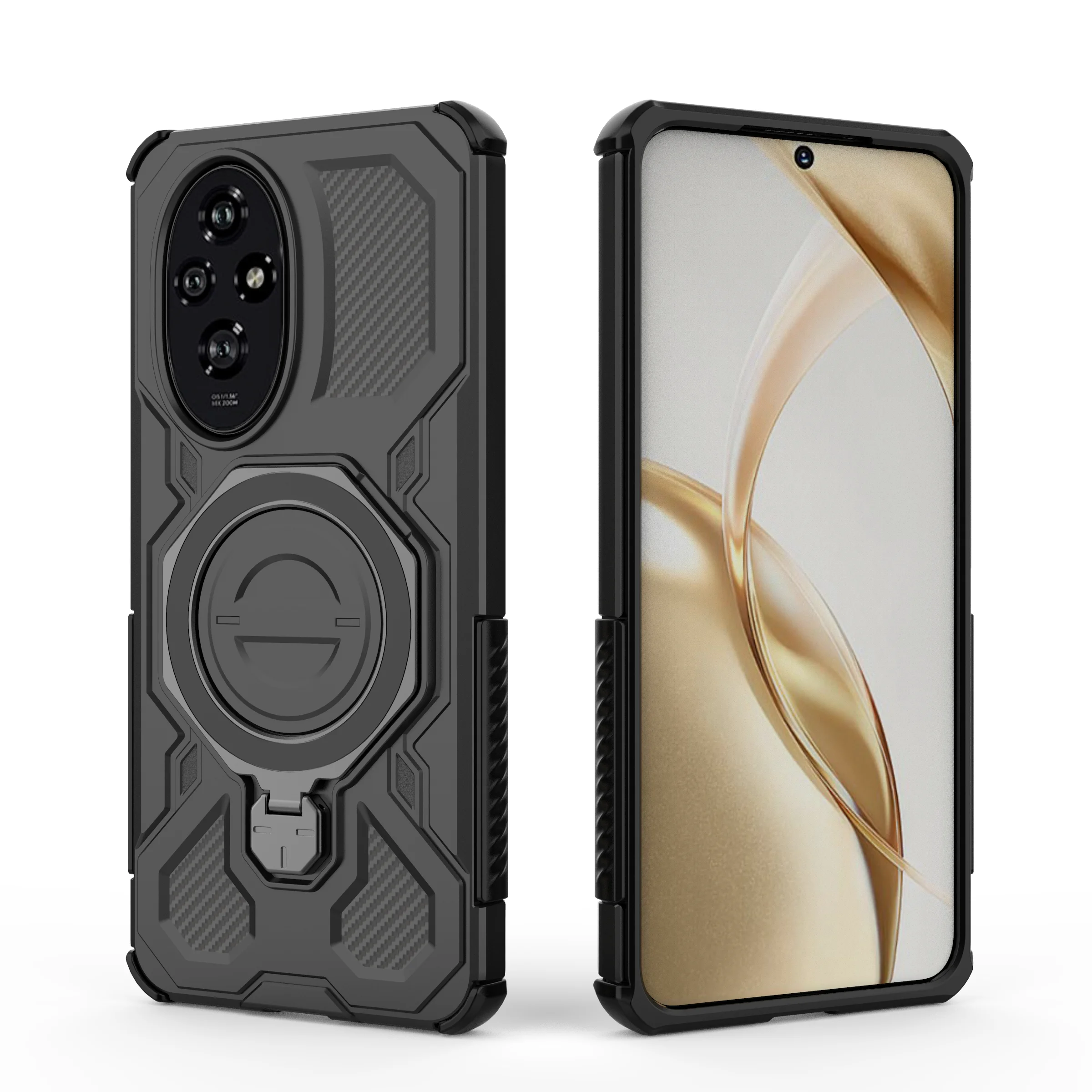 Magnetic Wireless Charging Phone Case with Ring Holder Kickstand - Carbon Fiber Soft Cover