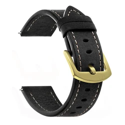 Handcrafted Genuine Cowhide Brown Watch Band with Vintage Metal Buckle - 20mm (Black - Gold)