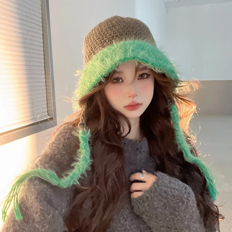 

2023 Korean Winter Fashion Bucket Hat Color Matching Imitation Rabbit Fur Lace-up Wide-brimmed Elegant Beanie Hats for Women