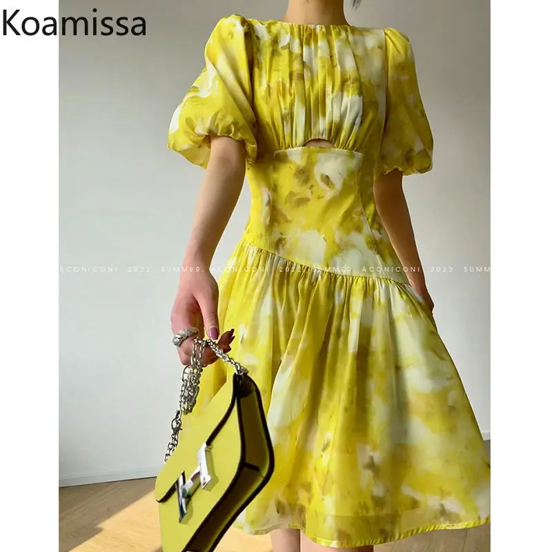 

Koamissa Chiffon Dress for Women Lantern Sleeved Waist Slim Bodycon Dresses Elegant French Floral Vestidos Lady Party Robe New