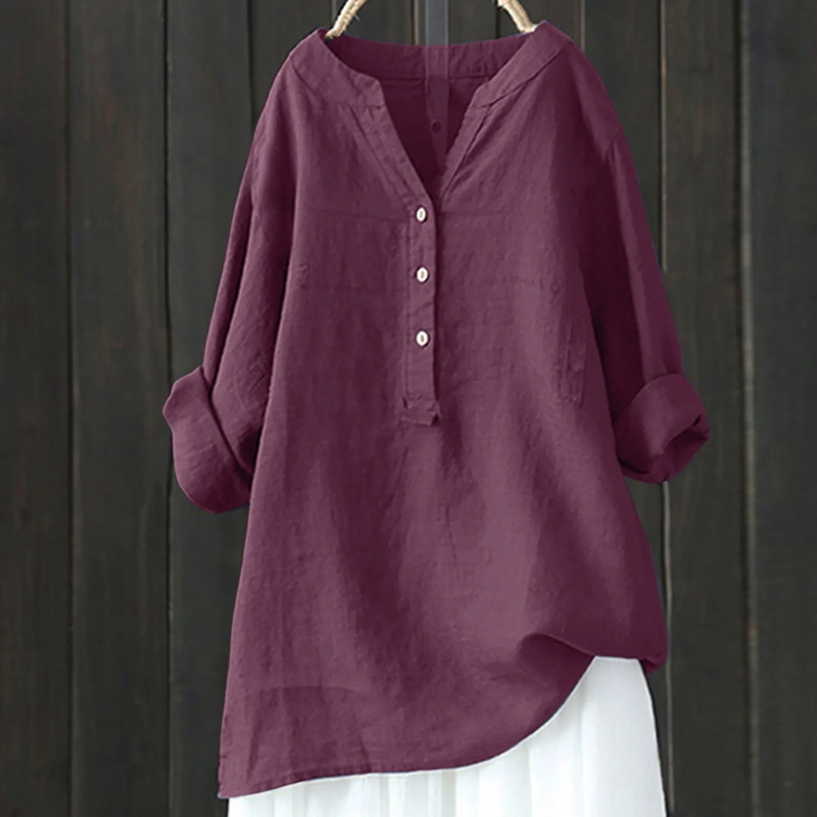

Women'S Loose Shirt Button Down Blouse Vintage Tops Stand Solid Color Sleeve Collar Long Casual Women V Neck Blouse T Shirt