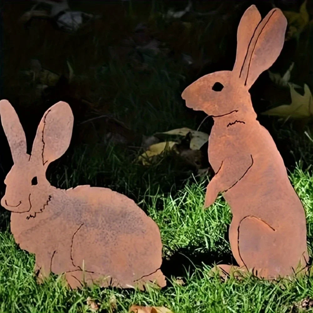 Rabbit Garden Stake Rustic Metal Standing Rabbit Garden Stake Yard Art For Year-Round Decor Christmas Easter Thanksgiving