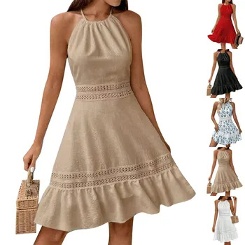 Women's Backless Sundress Fashion Round Neck Hollowed Out Butterfly Back Waisted Dresses Female Beach Dress 3