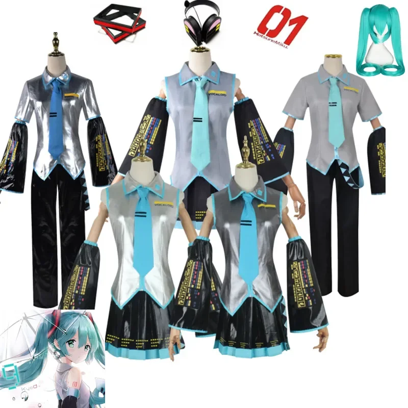 

Vocaloid-Disfraz de peluca Miku para mujer, vestido Midi japonés para principiantes, disfraz de Miku futuro para Halloween