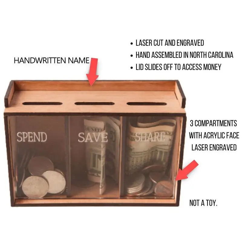 Money Saving Box  3 Compartments Wooden Removable Coin Saving Organizer Portable Home Coin Banks for Holiday Gift Money Box 5