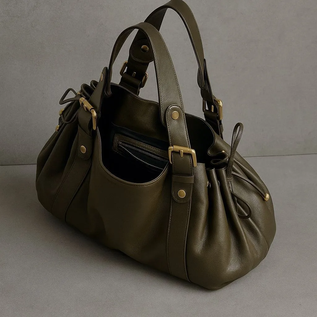 Women's Fashion Vintage Washed Soft Leather Tote Bag Large Capacity Commuter Multi-Pocket Shoulder Messenger Bag