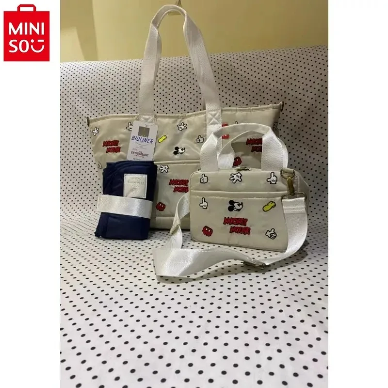 MINISO Disney Fashion Embroidered Mickey Printed Tote Bag Women's High Quality Canvas Cute Versatile Handbag