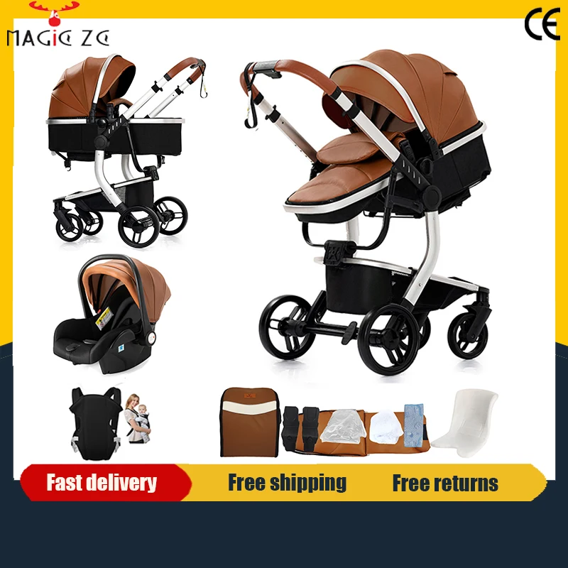 Poussette de luxe 3-en-1 en cuir PU imperméable pour nouveau-né avec siège auto, poussette portable, landau de voyage pliable 1 Poussette de luxe 3-en-1 en cuir PU imperméable pour nouveau-né avec siège auto, poussette portable, landau de voyage pliable 1