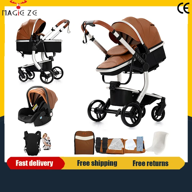 Poussette de luxe 3-en-1 en cuir PU imperméable pour nouveau-né avec siège auto, poussette portable, landau de voyage pliable 1
