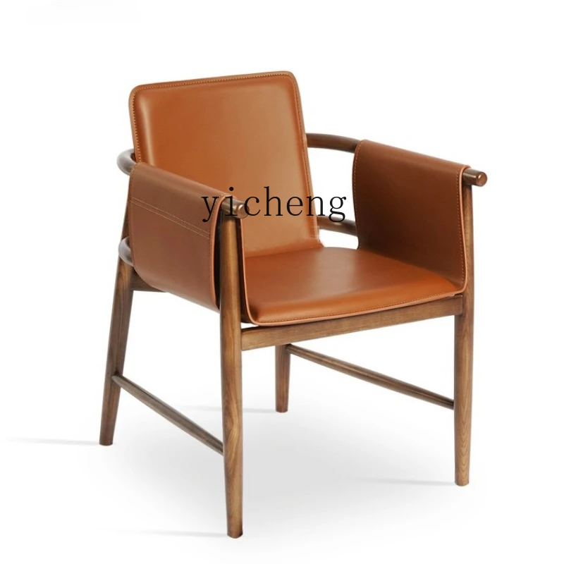 

Tqh Saddle Leather Ash Solid Wood Dining Chair High-End Coffee Shop Negotiation Area Leisure Chair