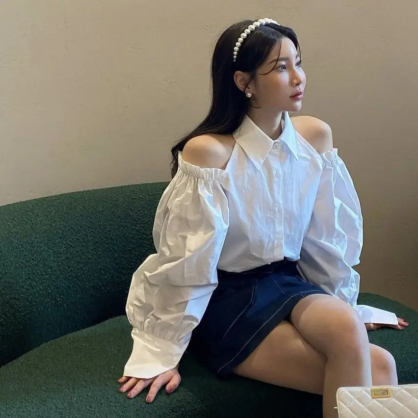 

Korean Off shoulder Shirt Temperament Design Single Breasted Custom Pearl Petal Button Long Sleeve Top Women White Casual Shirt