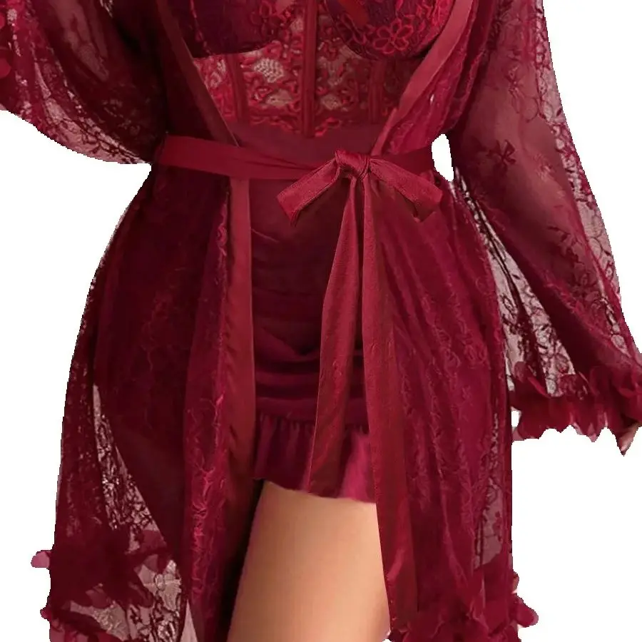 Mesh robe set with cami nightdress, sheer overlay, and romantic plus size styling