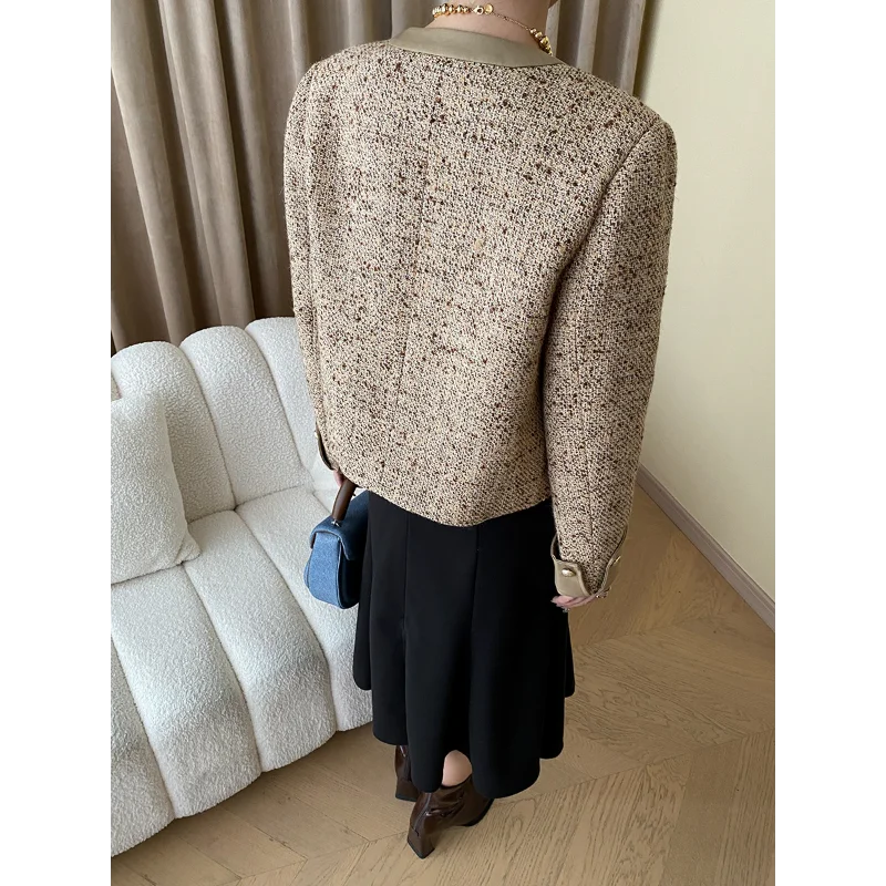 French Casual Loose Contrast Women Coat Tweed O Neck Simple Basic Office Daily Elegant Khaki Fashion Short Jacket Autumn Winter