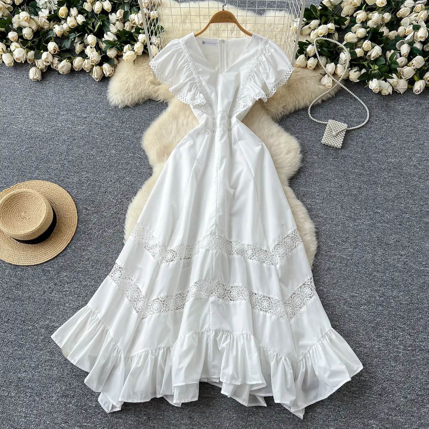 Elegant White Embroidered Hollow Out Tulle Long Dress Summer main image 1