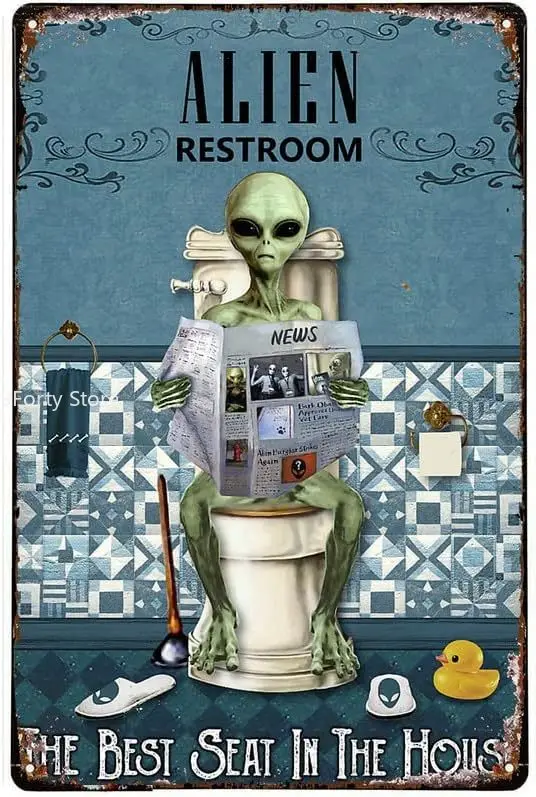

Reading News Restroom Alien Metal Wall Plaque Decor Lovers Gift Outdoor Indoor Wall Panel Retro Vintage Mural 8X12 Inch