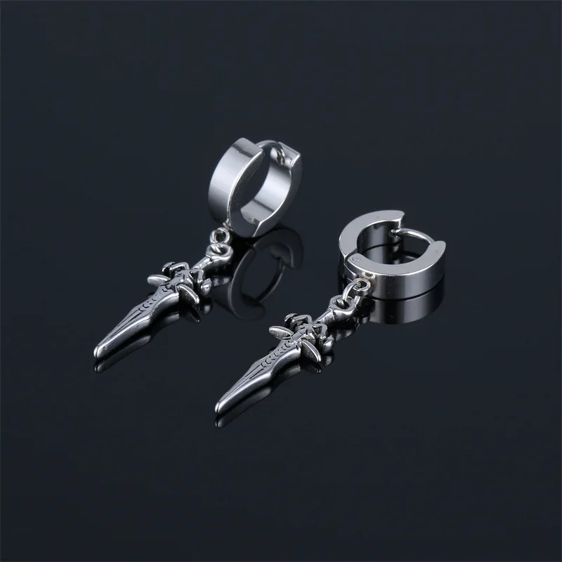 Paar Gothic Schwert Tropfen Ohrringe Schwarz Punk Ohr Hoops mit Lange Baumeln Grunge Hip Hop Edelstahl Ringe Ohr Piercings Schmuck – Detail 3