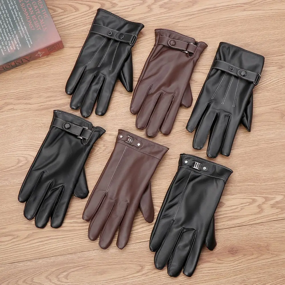 

1 Pair Waterproof Men's Fleece Thermal Leather Gloves Winter Warm Touch Screen Driving Gloves Windproof Full Finger Black Gloves