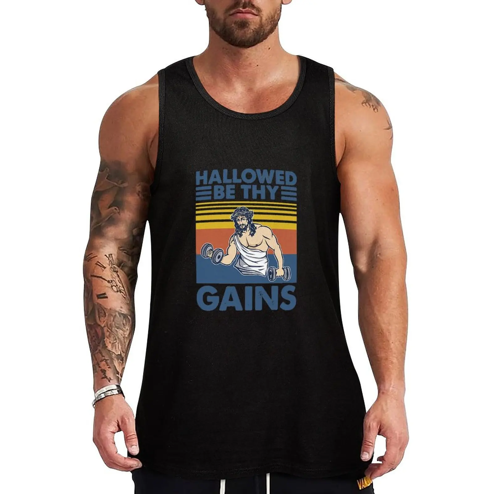 Hallowed Be Thy Gains Jesus Gym Vintage Tank Top t-shirt Men's Men's sleeveless t-shirt mens gym clothes