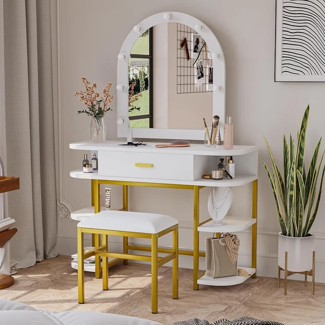 Makeup Vanity Desk with Mirror and Lights, Dressing Table Set with 2  Drawers and Stool, Girls Vanity Table for Bedroom - AliExpress