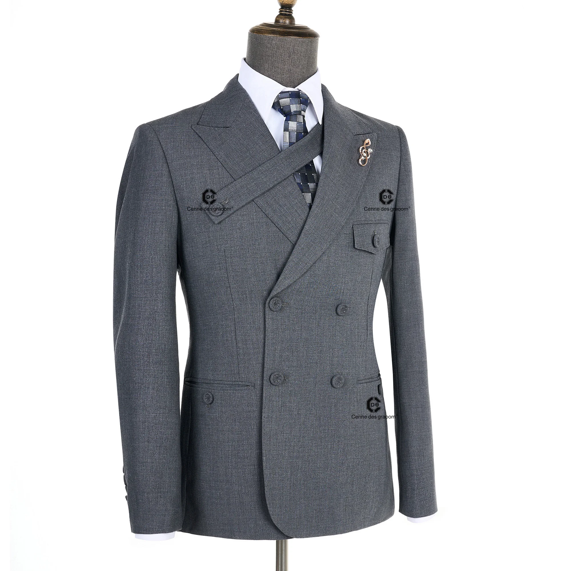 Cenne Des Graoom 2024 New Elegant Grey Suits for Men Double Breasted Hand Sewn Buttons 2 Pieces Set High Quality Wedding Party 3