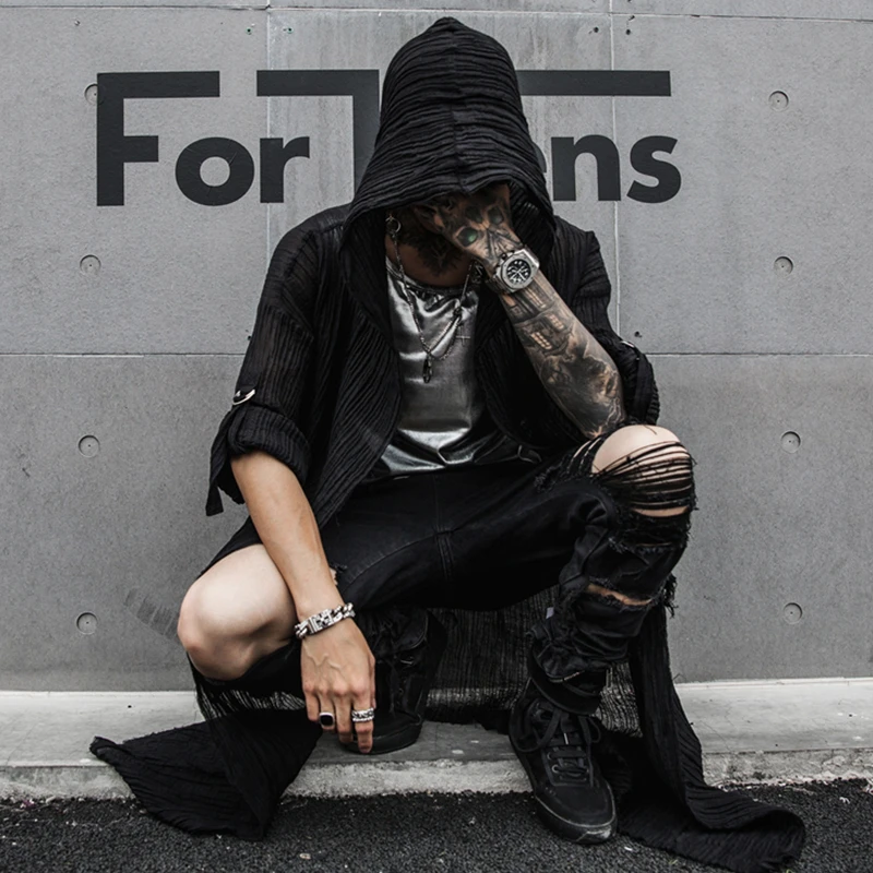 Men's tassel irregular design punk rock hip hop t-shirt nightclub DJ streetwear men gothic style hooded tee shirts swag clothes