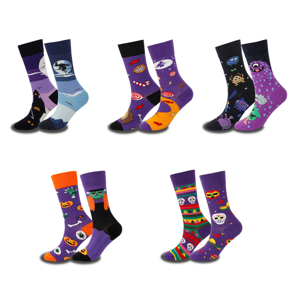 Halloween cross-border trendy socks AB socks couple socks contrasting yin-yang socks cute mid tube socks cartoon personality AB
