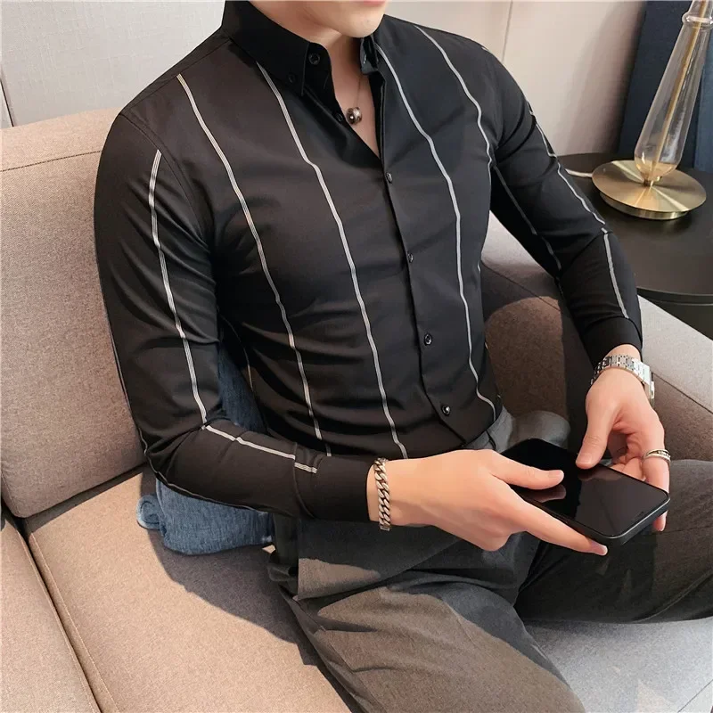 

Mens Shirts 2023 Autumn New Long Sleeve Stripe Dress Shirt Solid Casual Formal Wear Slim Fit Chemise Homme Camisas Men Clothing
