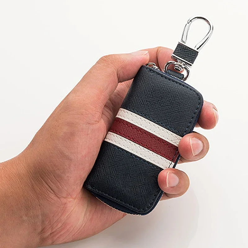 Cartera de cuero con rayas de colores para hombre y mujer, Funda Universal para llaves de coche, Mini monedero con cremallera