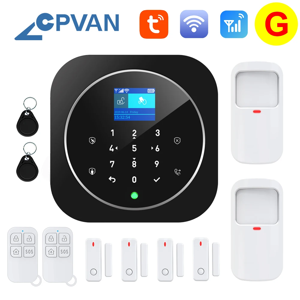 CPVAN Wireless Smart Home GSM Security Alarm System With PIR Motion Detector Door Sensor Alexa Compatible App Control emergency buzzer for elderly Alarms & Sensors