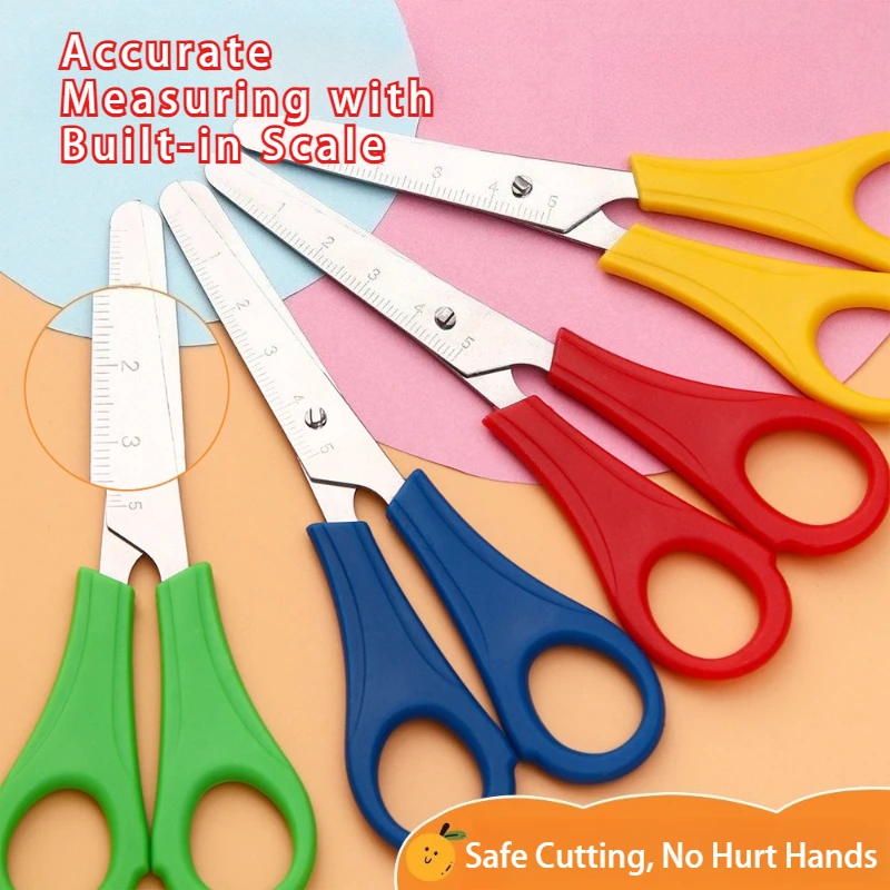 4PCS 플라스틱 안전 가위, 측정 눈금자, 둥근 끝, DIY 공예 종이 절단, 휴대용 소형 가위, 가정 및 사무실용