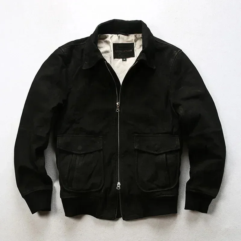 thumbnail image 1 of Chaqueta de piel de vaca de primera capa para hombre, estilo antiguo, informal, elegante, con solapa, estilo A1, de alta gama, 2024, 1 of 4