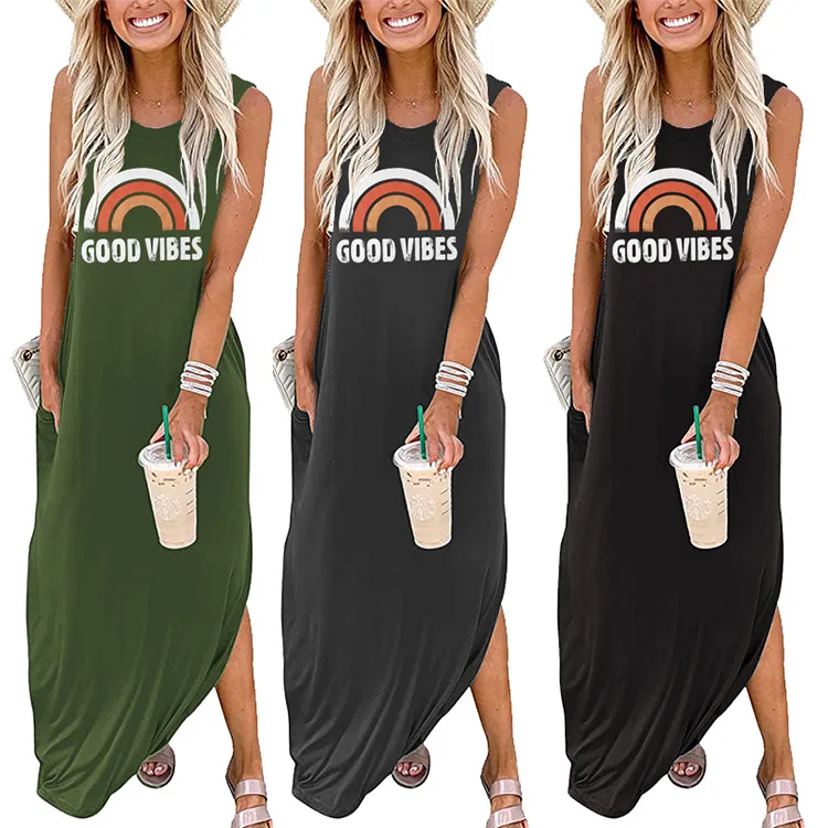 

New summer round neck dress Good Vibes rainbow print sleeveless casual pocket dress