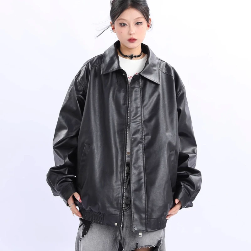 HOUZHOU Motorcycle Leather Jacket Women Y2k Fashion Zipper PU Polo-neck Tops Sweet Personal Streetwear Vintage Oversized Coats