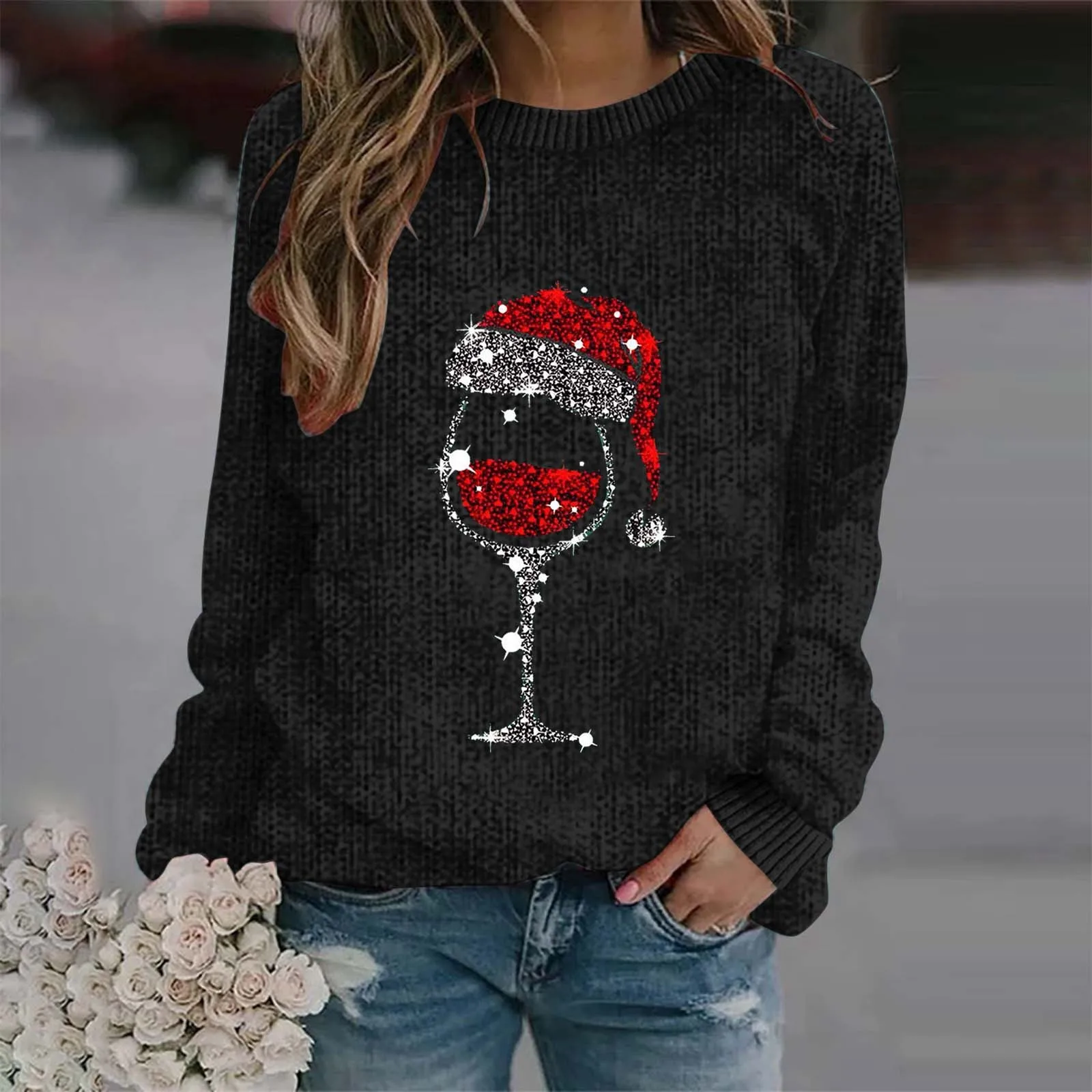 Suéter de mujer de otoño e invierno con cuello en V y teñido en prenda, de color vino tinto y Navidad, de gran tamaño, con gráficos