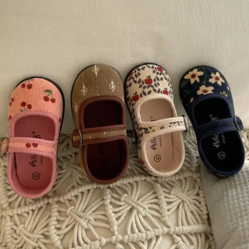 

New Corduroy Floral Canvas Shoes Girls Square Mouth Indoor Shoes Soft Soled Non-slip Shoes