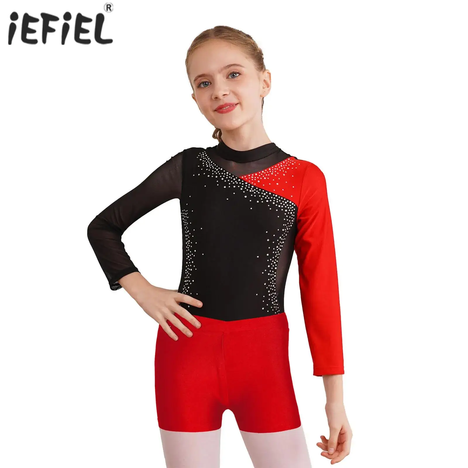

Gymnatics Long Sleeve Jumpsuit with Shorts for Girls Figure Skating Costume Gymnastics Ballet Dance Outfit Leotard Dance Costume