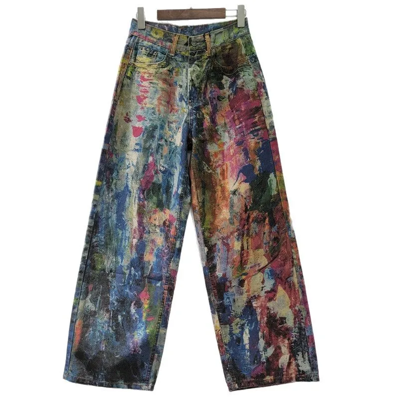 YEAE color printing ink splashing palette jeans women's new street design graffiti personalized trousers 5