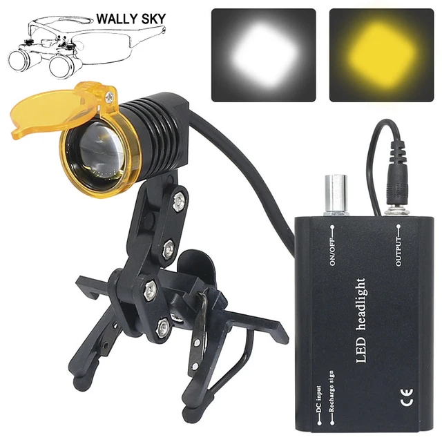 3W LED Dental Headlight Oral ENT Dentist Head Lamp Adjustable Brightness with Black Clip Yellow Filter Rechargeable Battery