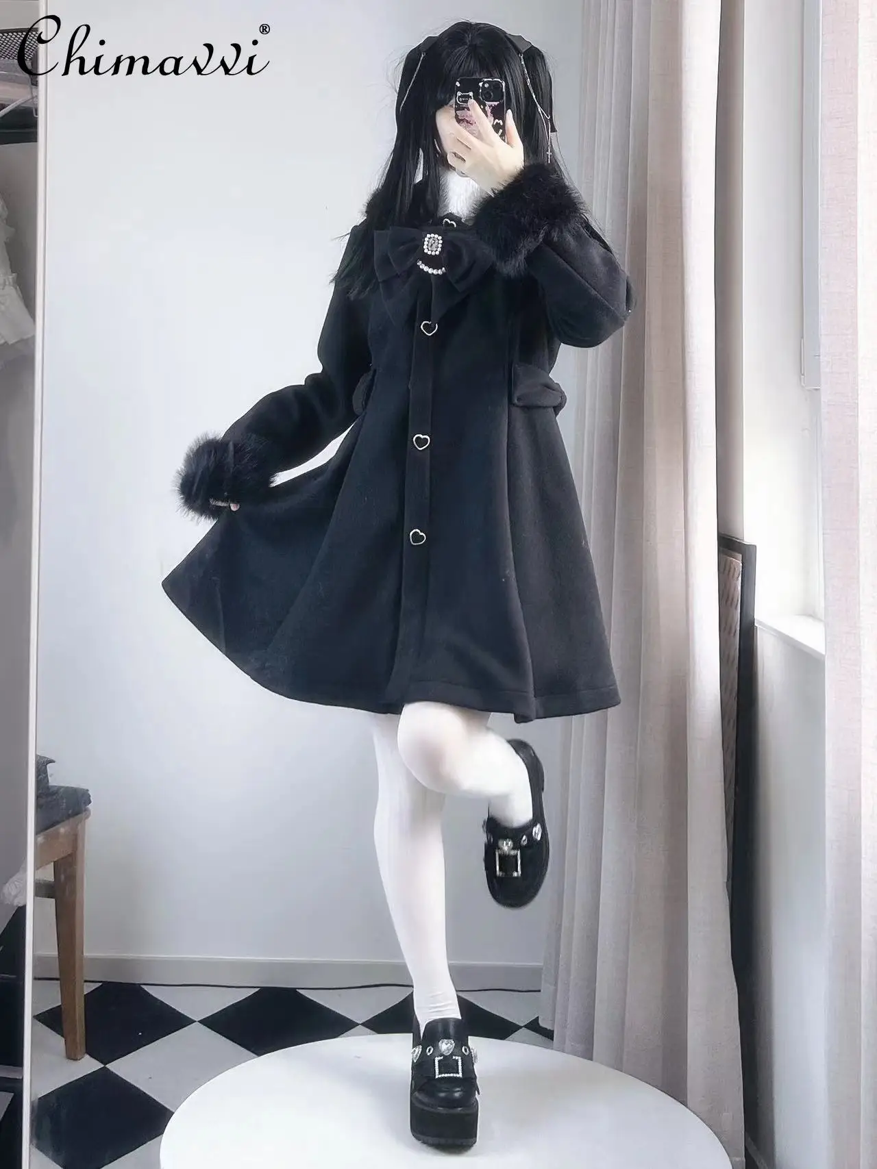 Mine Mass-Produced Plush Lop Eared Rabbit Detachable Wool Overcoat Autumn New Fashion Japanese Cute Long Sleeve Elegant Jacket 2023 new women s cotton clothes detachable hat wool autumn and winter warm parka removable hat mid length coat for women