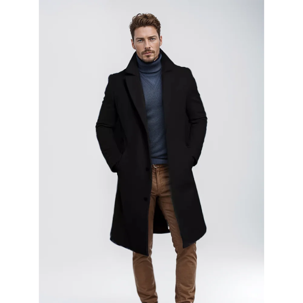 New men's coat warm mid-length solid color autumn and winter coat youth daily men's coat 4