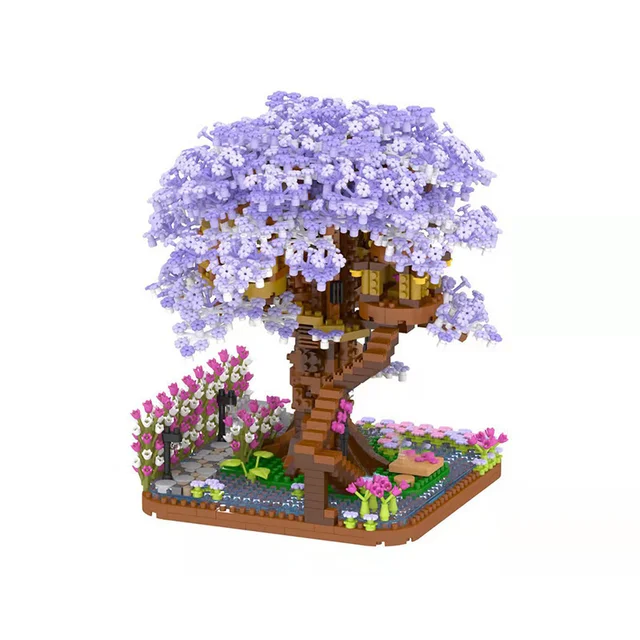 Mini Sakura Tree Building Blocks Set Diy Cherry Blossom Bricks with Light Treehouse Model Ornament Romantic Gift for Girlfriend - purple no light