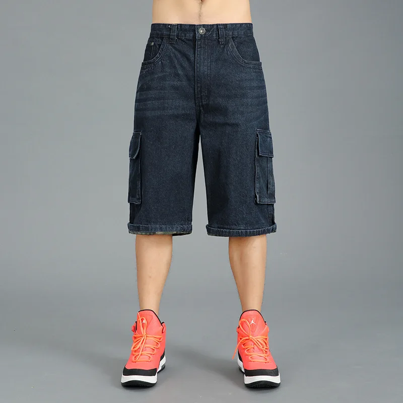 Plus Size Men's Hip-Hop Wide-Leg Jeans Summer Loose Denim Shorts Multi-pocket Baggy Denim Cropped Pants Men